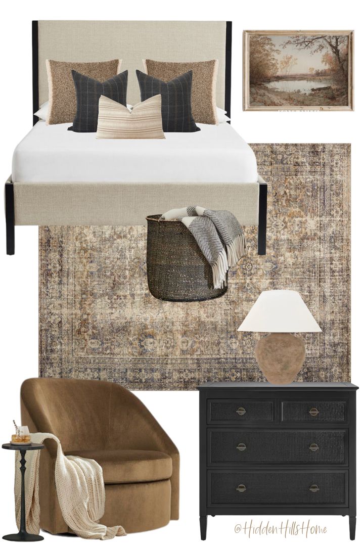 Modern vintage bedroom decor mood board inspired by Amber Interiors! Bedroom decor mood board with charcoal black and rust color tones throughout Decor Home Bathroom, Modern Vintage Bedrooms, Organic Modern Bedroom, Bedroom Furniture Ideas, Hm Home, Inspired Bedroom, Outdoor Patio Ideas, Transitional Bedroom, Up House