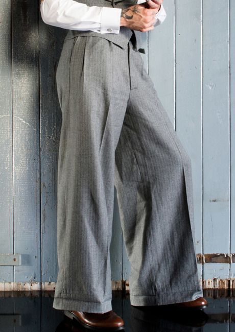 Oxford Bags - Grey Herringbone £125.00 AT vintagedancer.com Oxford Bags Trousers, Mens Wide Leg Pants, Clothes For Big Men, 1920s Mens Fashion, Oxford Bags, Mens Fashion Vintage, Formal Mens Fashion, Grey Herringbone, Dapper Style