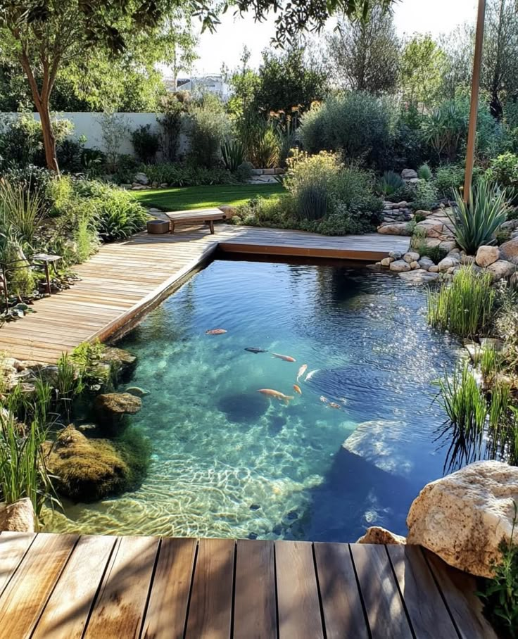 an outdoor swimming pool surrounded by plants and rocks, with a wooden walkway leading to it