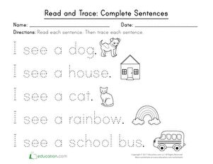 the worksheet for reading and tracer complete sentences with pictures on it