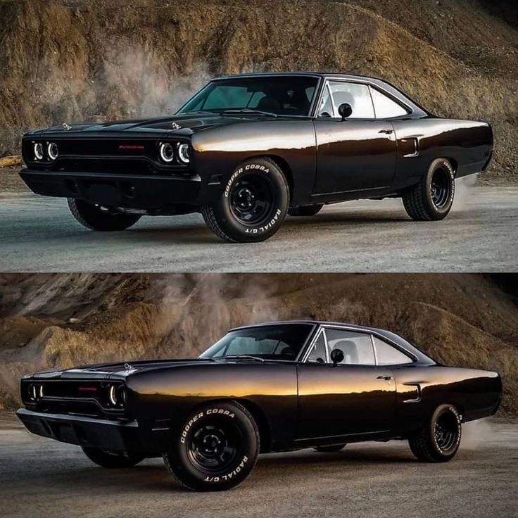 two pictures of an old muscle car in different stages of being painted black and gold