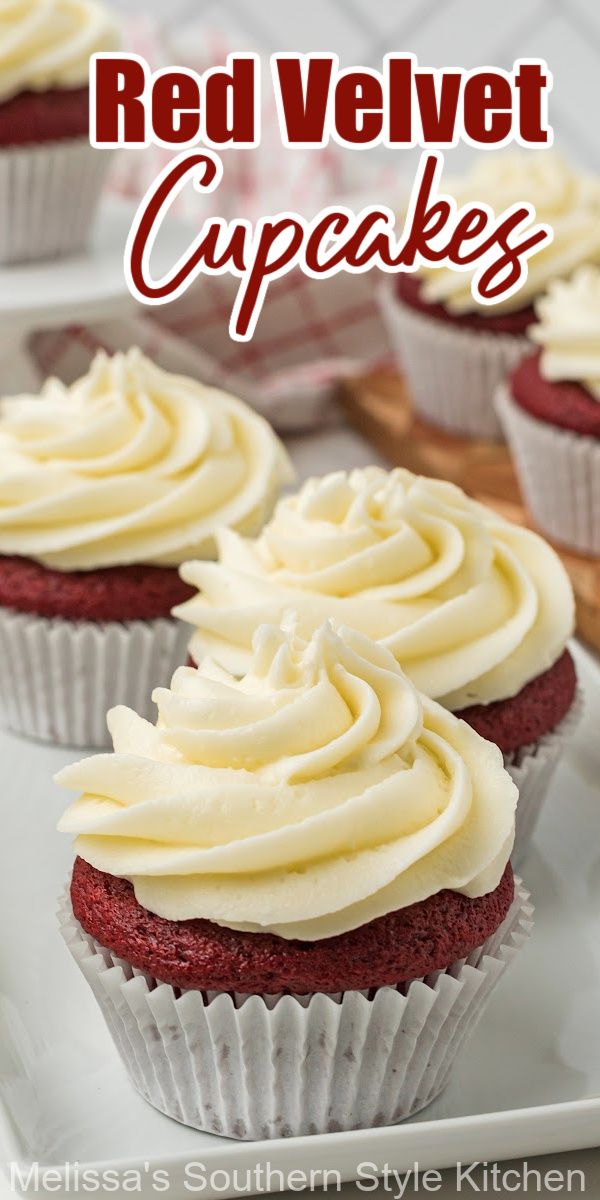 red velvet cupcakes with cream frosting on a white platter and text overlay