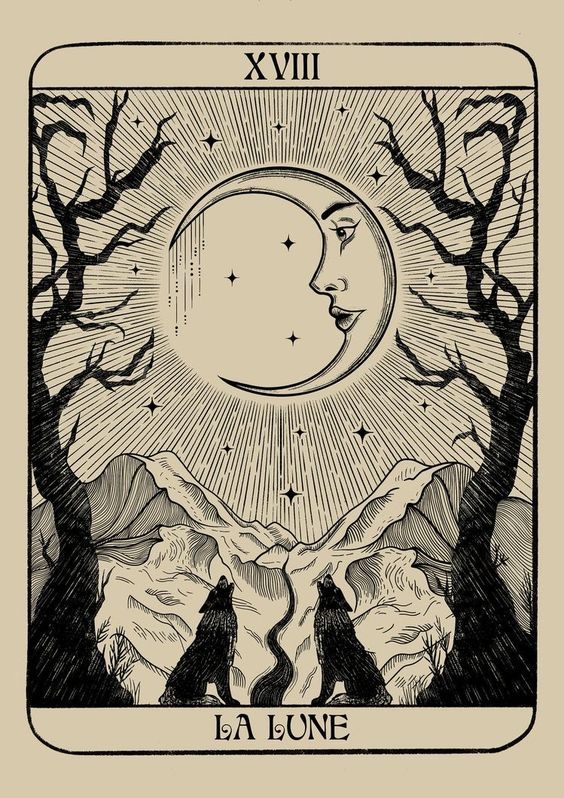 a tarot card with the moon and two wolfs in front of it, surrounded by trees