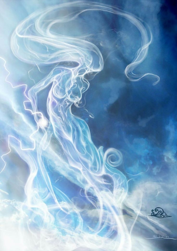 an artistic painting of a woman with flowing hair in the air and clouds behind her