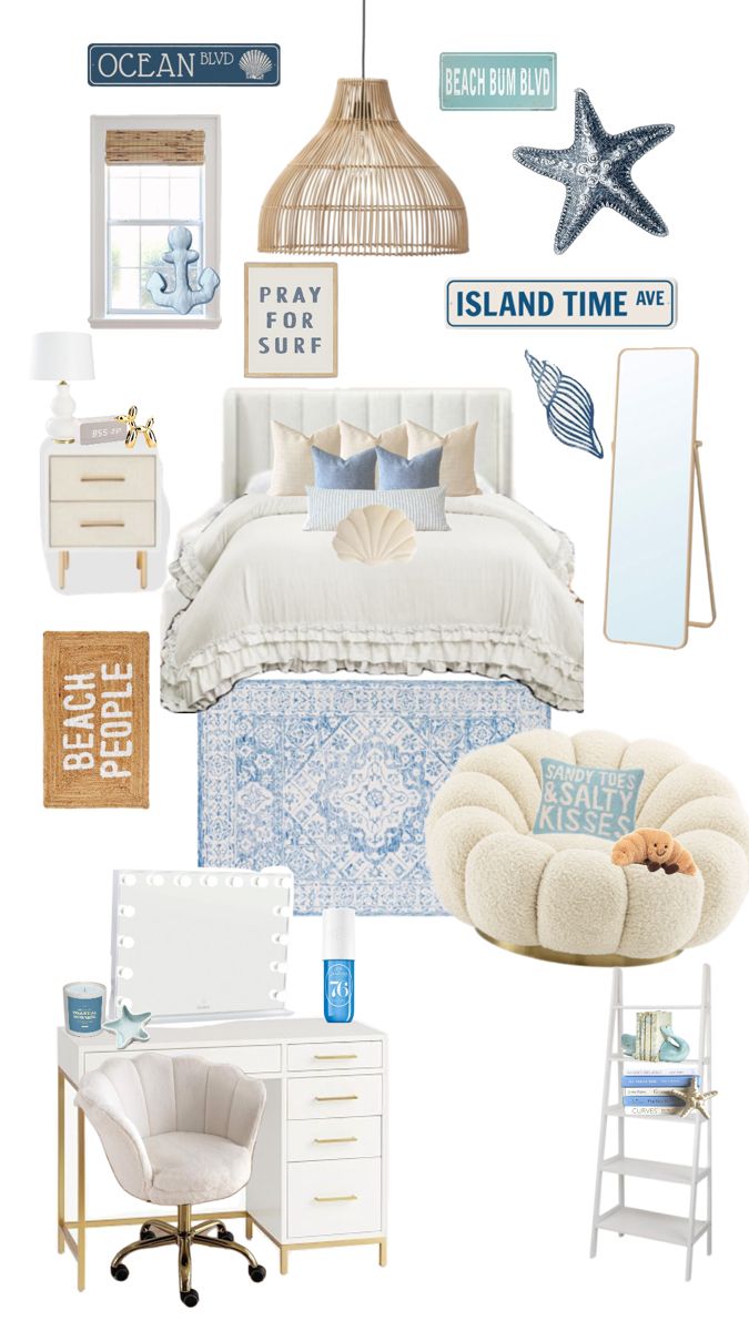 a collage of blue and white bedroom decor