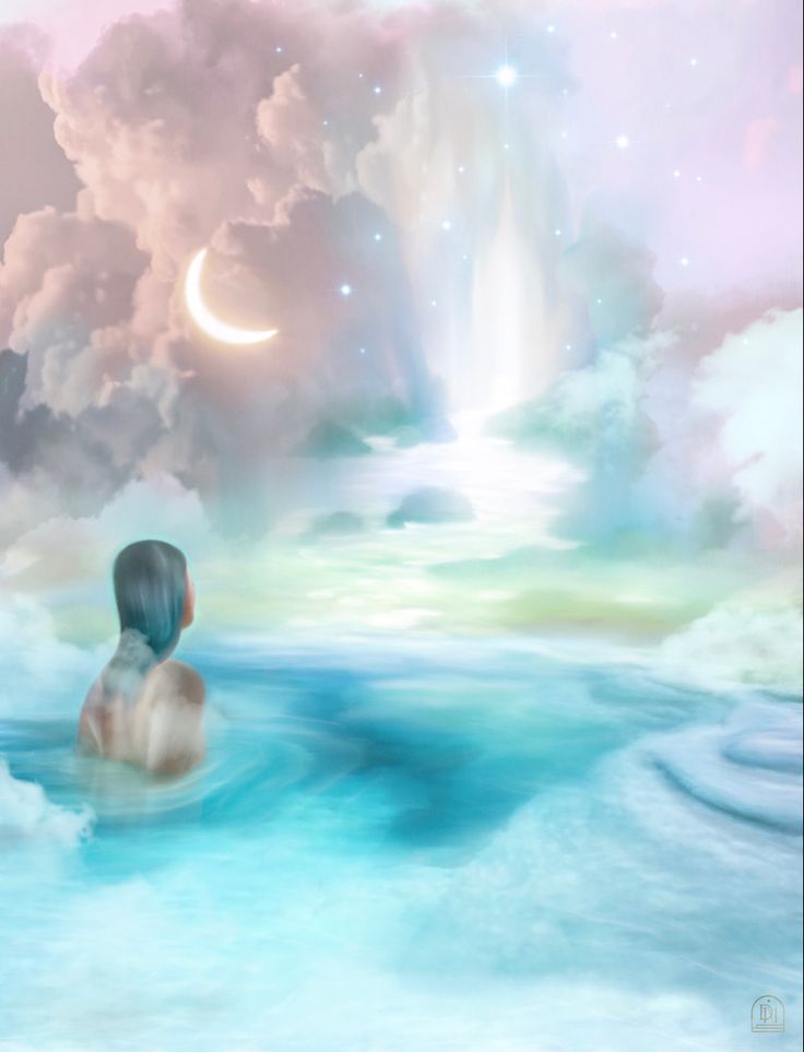 a person sitting in the water with clouds and stars above them