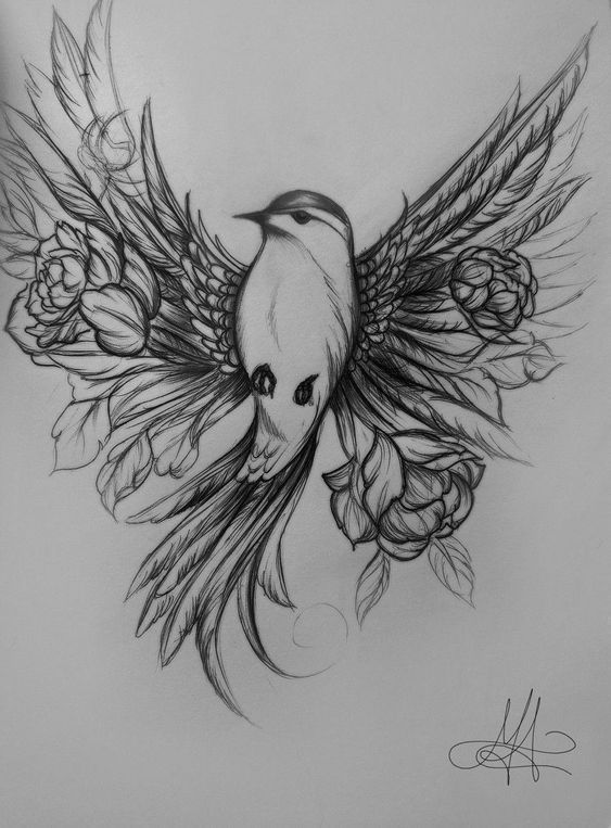 a drawing of a bird with wings and flowers