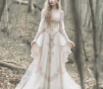 Long Sleeve Elven Wedding Dress, Ivory Medieval Dress, Ren Fair Wedding Dress, Fairy Wedding Dresses Woodland, Fantasy Fairy Wedding Dress, Emma Fantasy Dress, Renesance Wedding Dress, Modern Elvish Outfits, Midevil Style Wedding Dress