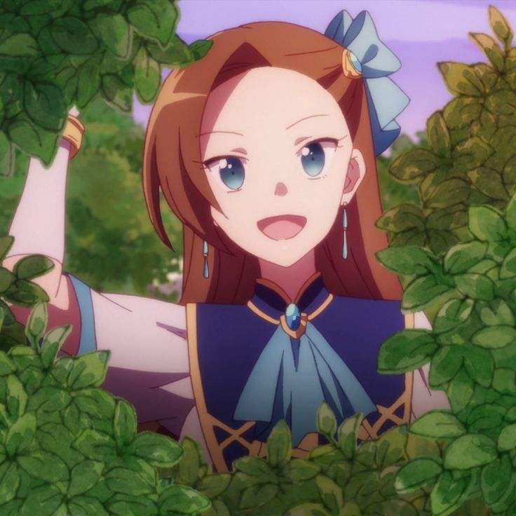 an anime character with red hair and blue eyes standing in the bushes looking at something