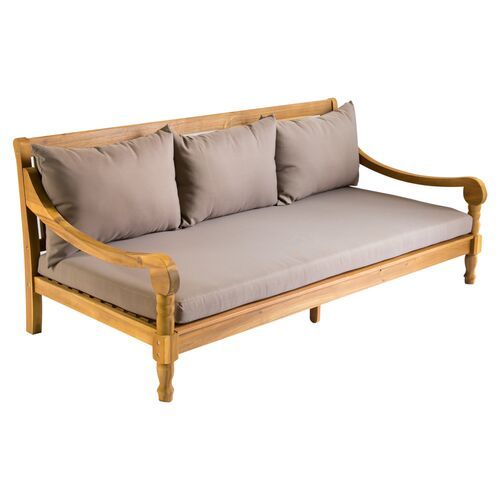 This six-feet-wide daybed recalls the casual elegance of a bygone era with its generous proportions and classic British styling. It is crafted of durable, eco-friendly acacia and topped with plush all-weather taupe cushions. Daybed Ideas, Bed Mattress Sizes, Rattan Daybed, Day Beds, Brown Cushions, Outdoor Daybed, Beige Cushions, Pool Furniture, Day Bed