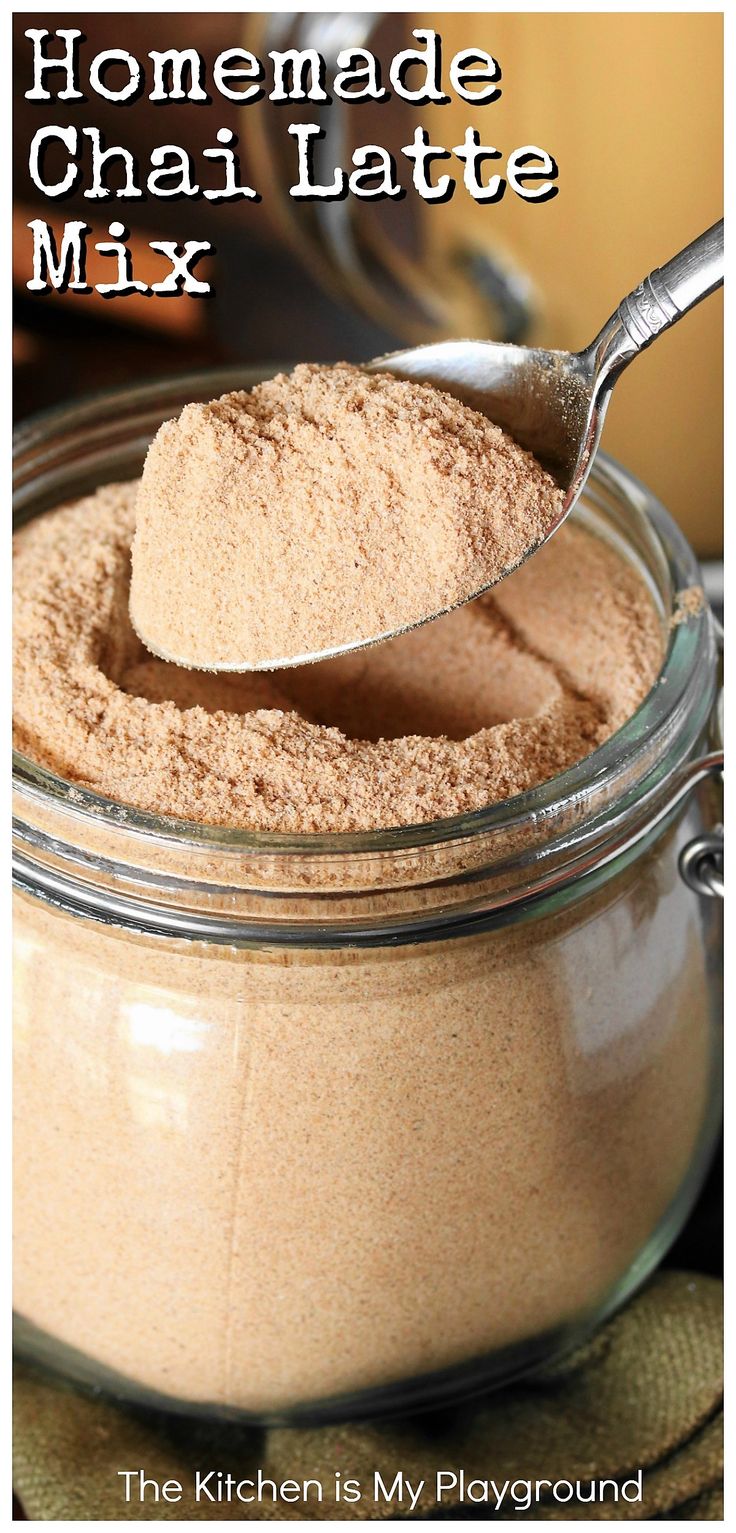 homemade chai latte mix in a glass jar with a spoon