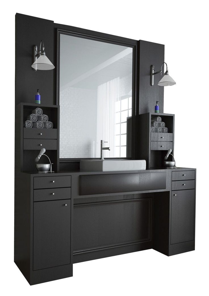 a bathroom vanity with mirror, sink and lights