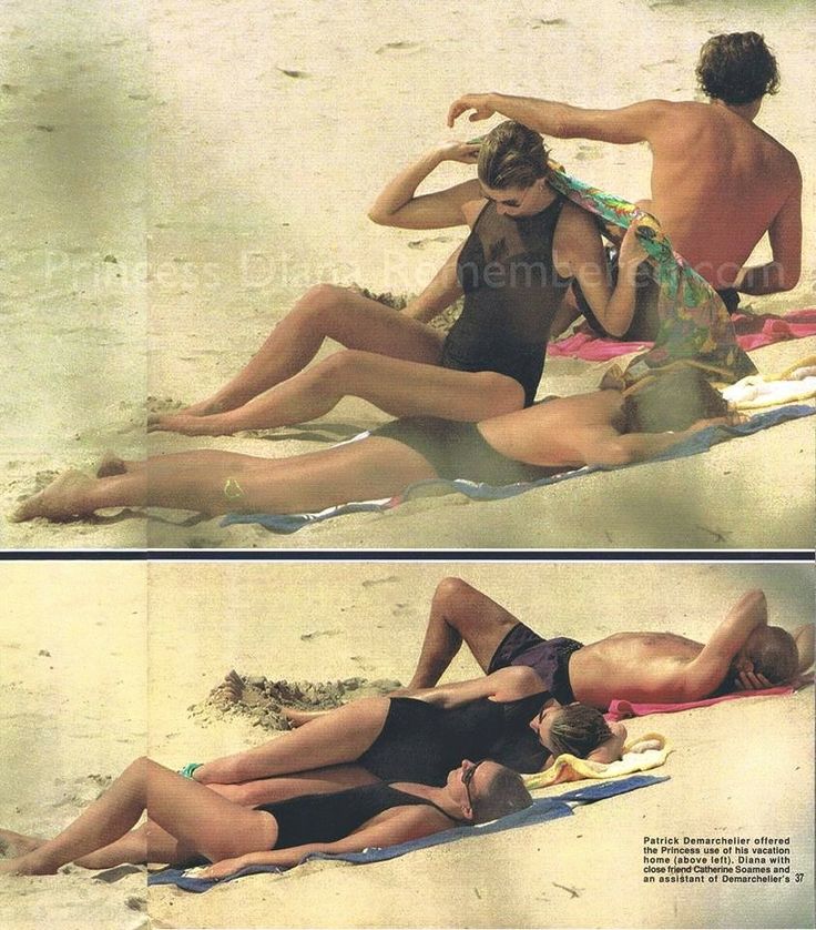 two pictures of people laying on the beach in swimsuits and one with a towel around his neck