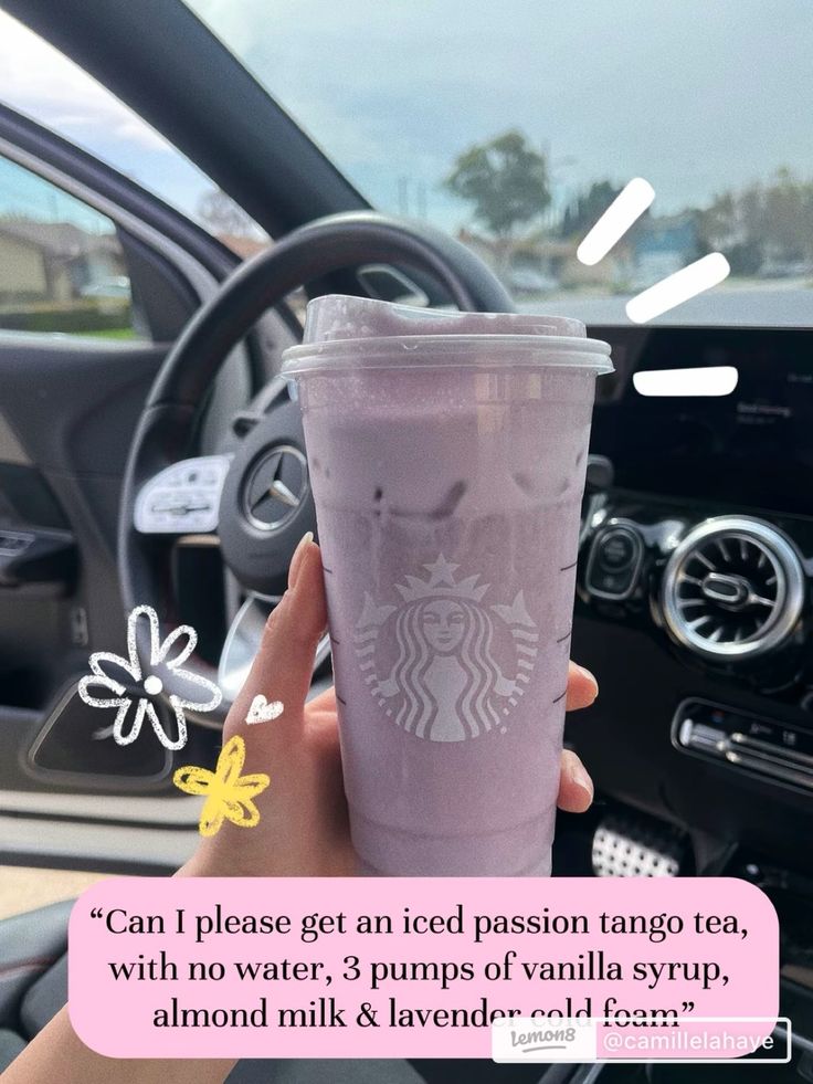 a person holding up a cup in their hand with the caption, can i please get an iced passion range tea, with no water, 3 pumps of vanilla syrup, almond syrup, and almond