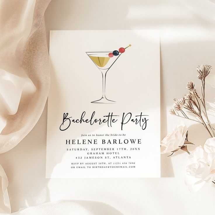 a white card with a cocktail glass on it and the words bachelor party written in black ink