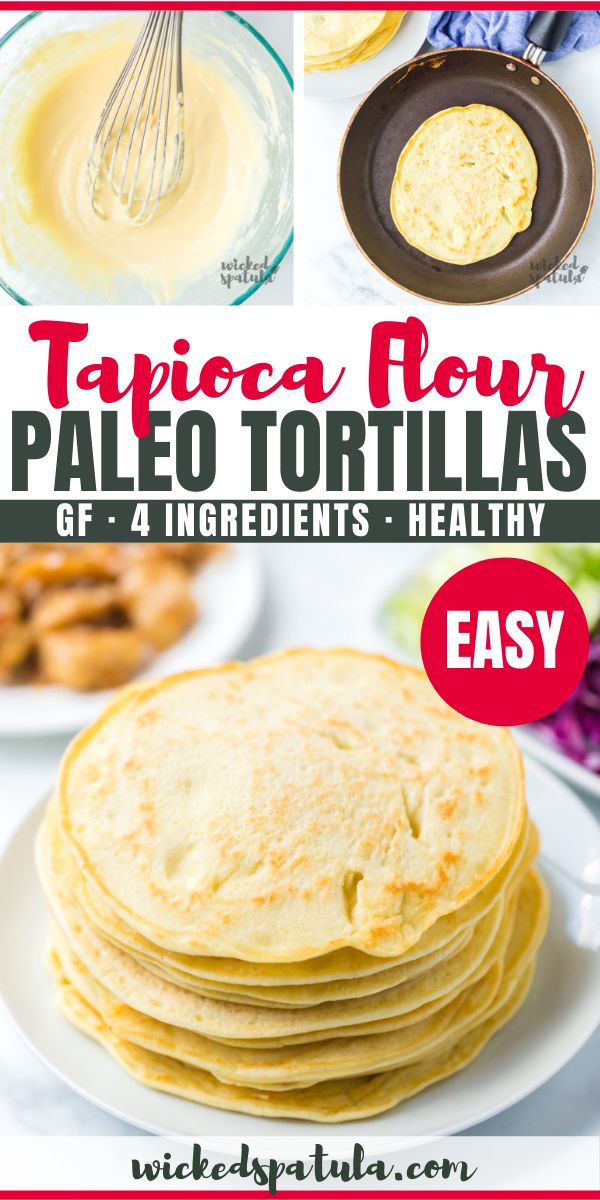 a stack of pancakes on top of a white plate with the words, taco flour paleo tortillas gf 4 ingredients healthy easy