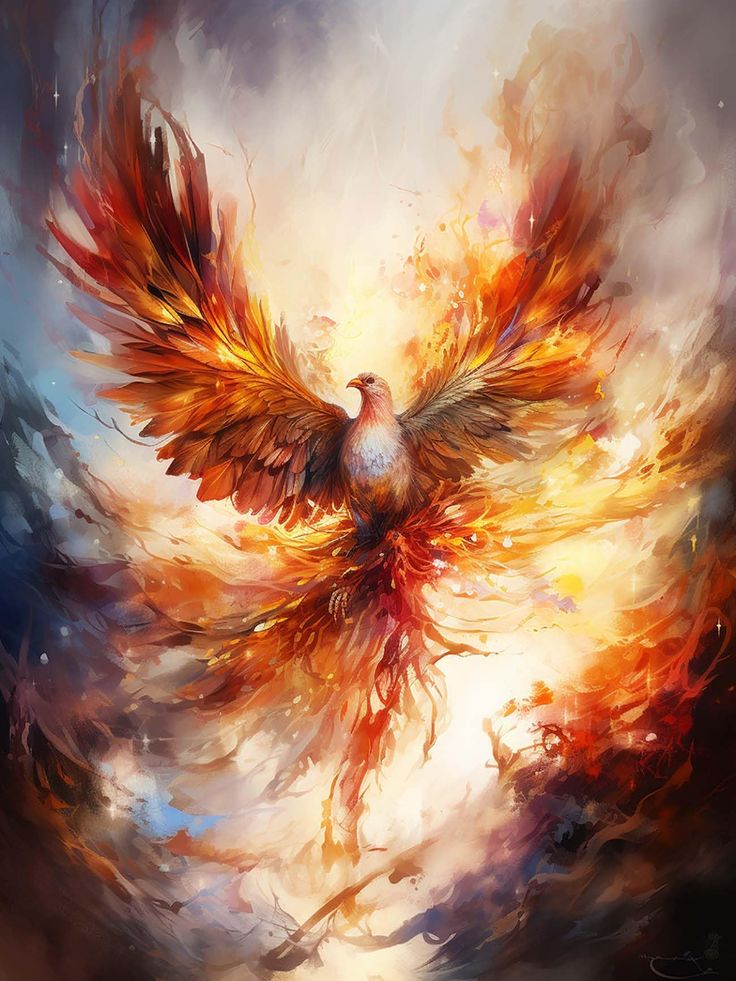 a painting of a bird flying in the sky with red and yellow feathers on it's wings