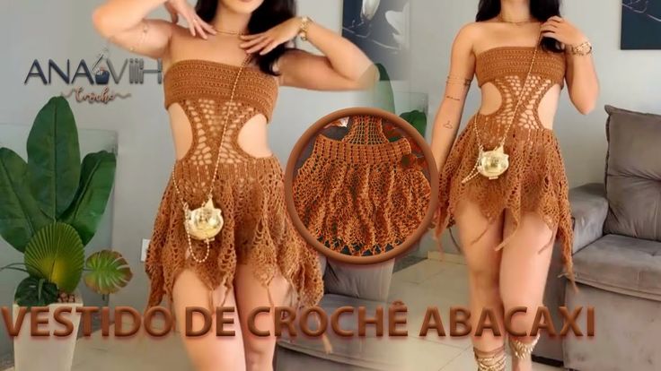 the woman is wearing a brown crochet dress