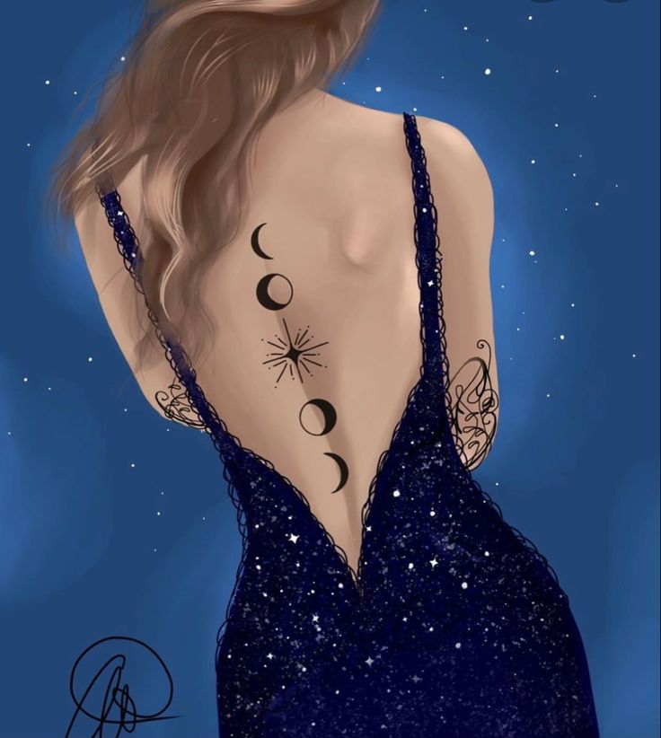 the back of a woman's dress with tattoos on her upper body and moon phases