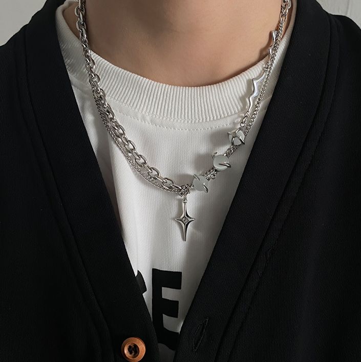 The model's height is 5' 7'' (170cm) and weighs 132 pounds (60kg) - Titanium Steel Guy Jewelry, Mens Silver Chain Necklace, Streetwear Jewelry, Jewelry Star, Edgy Jewelry, Multi Chain Necklace, Mens Silver Necklace, Star Chain, Jewelry Fashion Trends