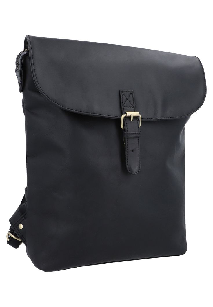 a black leather messenger bag with a gold buckle on the front and two straps at the bottom