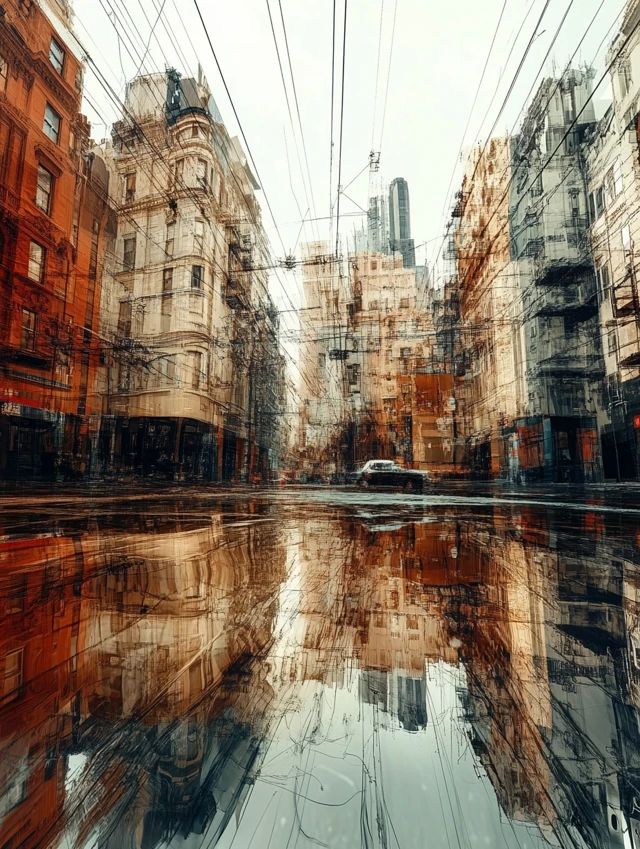 a city street with buildings and wires reflected in the water