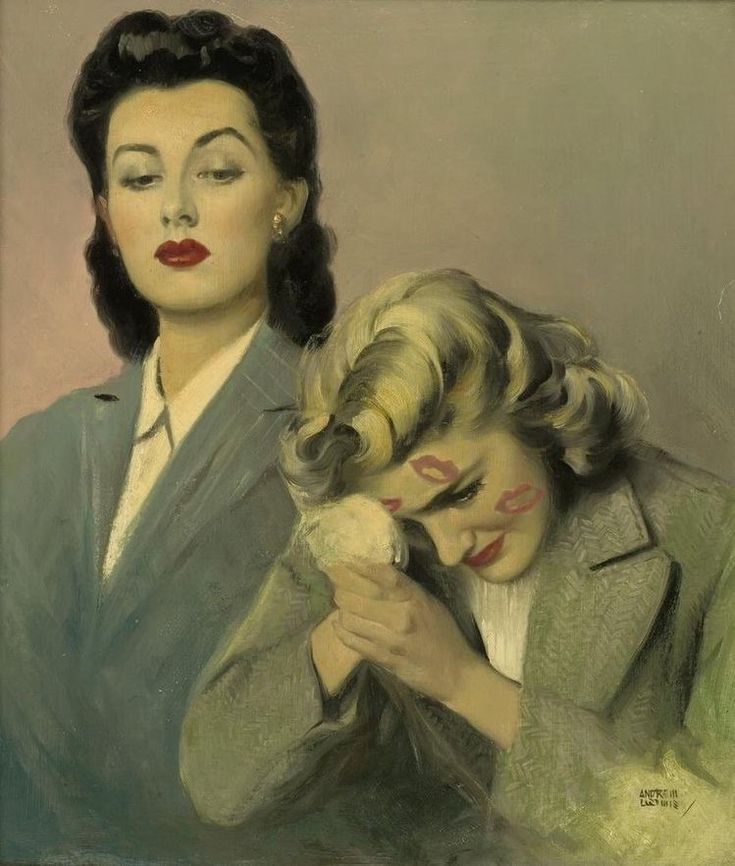 a painting of two women combing each other's hair in front of a mirror