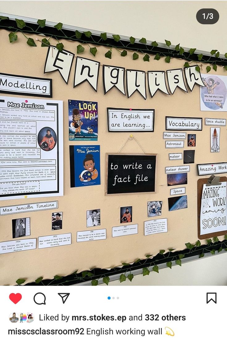 a bulletin board is covered with posters and magnets for students to write their own names