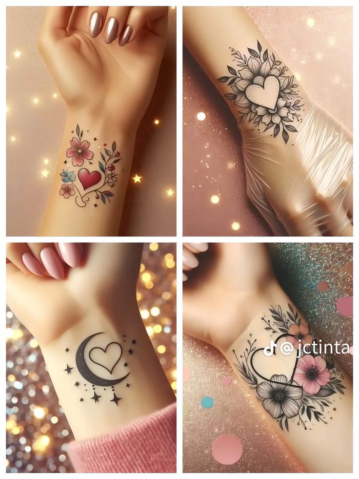 four pictures of different tattoos on the wrist and hand, with flowers and hearts in them