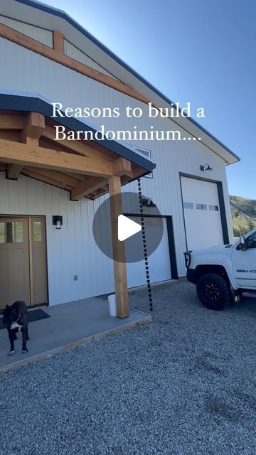 a white truck is parked in front of a building with the words reason to build a barndominium