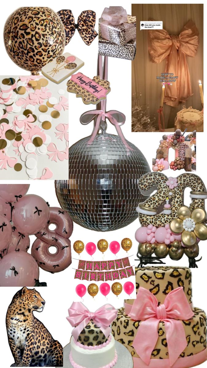 a collage of pink, gold and leopard themed items including cake, balloons, hats, bows, and decorations