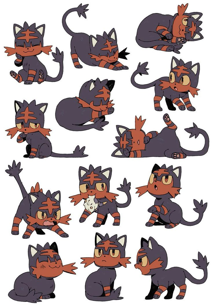 several cartoon cats with different poses and expressions