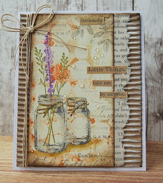 a card with two mason jars filled with flowers