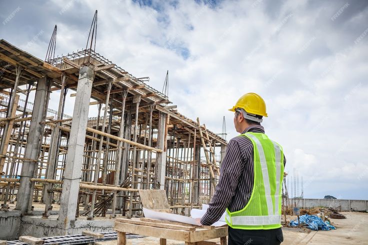 a construction worker standing in front of a building under construction