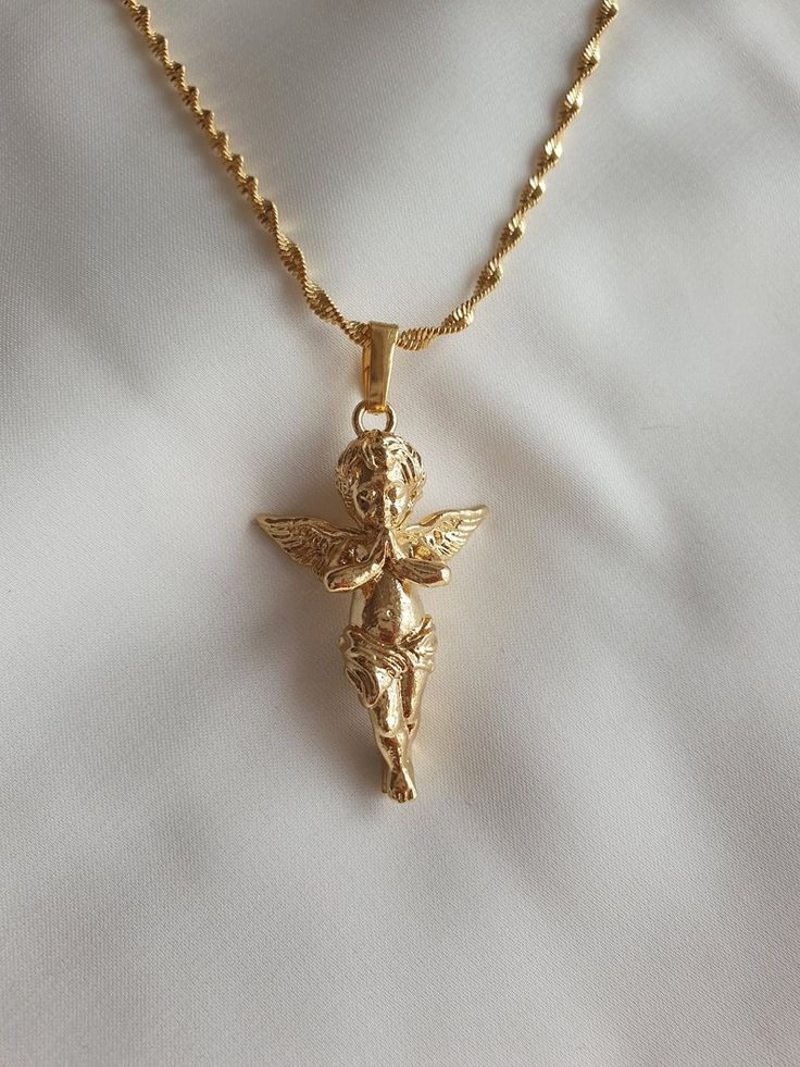 Angel Necklace Baby Angel Necklace Gold Necklace Dainty | Etsy Angel Clothing Aesthetic, Gold Necklace Angel, Angel Astethics Outfit, Angel Necklace Aesthetic, Cute Jewelry Necklaces Gold, Gold Angel Necklace, Necklace Charms Pendants, Necklaces Gold Design, Cute Necklaces Gold