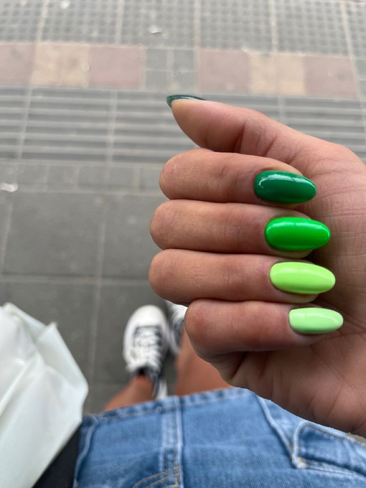 Shade Of Green Nails, Green Nails Multicolor, Easy Green Nails Ideas, Multicolor Green Nails, Ireland Nails Irish, March Green Nails, Green Skittle Nails, Multi Colored Green Nails, Different Shade Of Green Nails