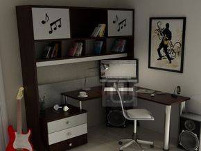 a computer desk sitting next to a guitar on top of a hard wood floor in front of a window