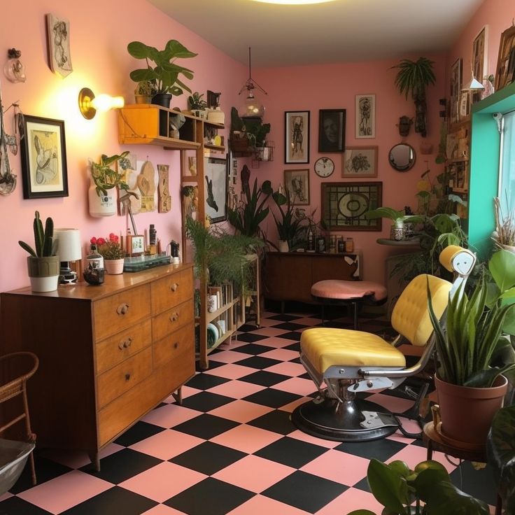 a living room filled with furniture and lots of plants on top of checkered flooring