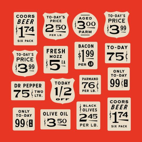 several different types of coupons are shown in black and white on a red background