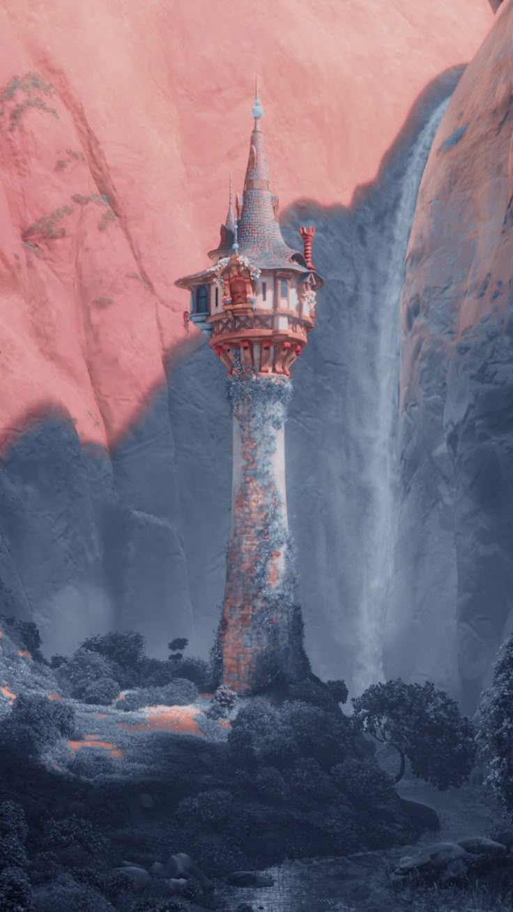 a painting of a tower in the middle of a mountain with a waterfall behind it