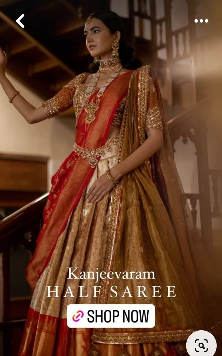 Grand Half Saree For Wedding, Kanjeevaram Half Saree Lehenga, Telugu Wedding Saree, Telugu Engagement, Telugu Bride, South Indian Bride Saree, Half Saree Function, Lehenga Saree Design, Bridal Sarees South Indian