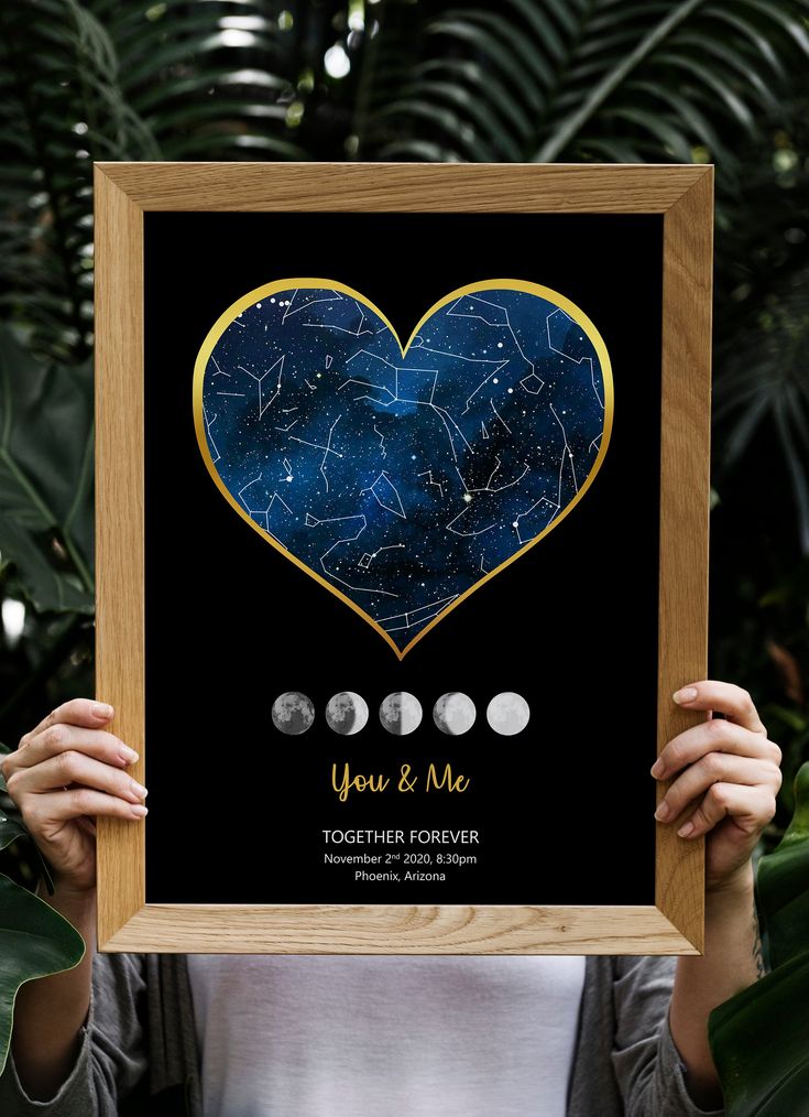 a woman holding up a framed photo with the stars in the heart and moon phases