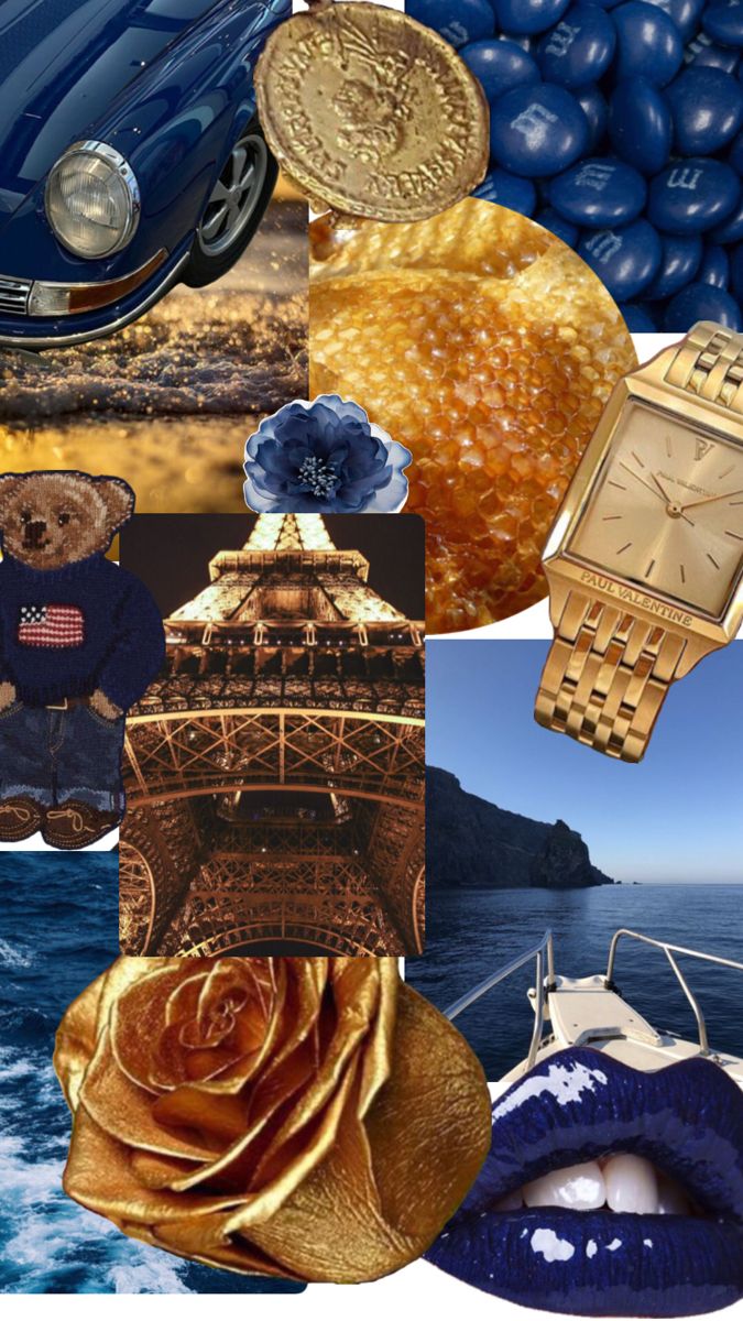 a collage of different pictures including a blue car, gold watch and other items