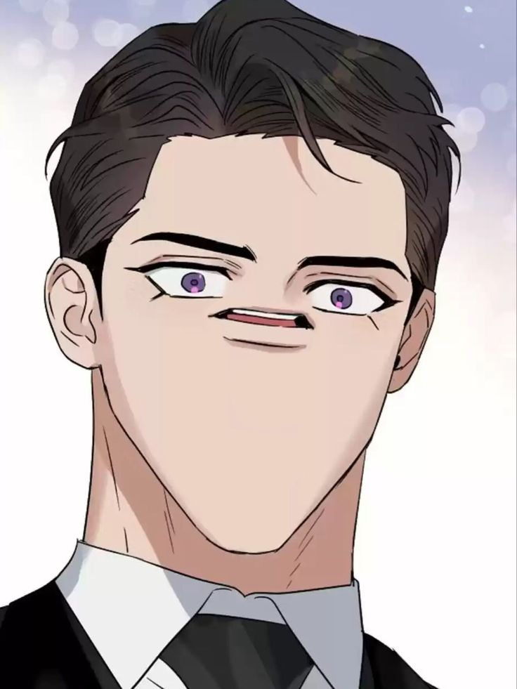 an anime character with blue eyes wearing a black suit and white shirt is looking at the camera