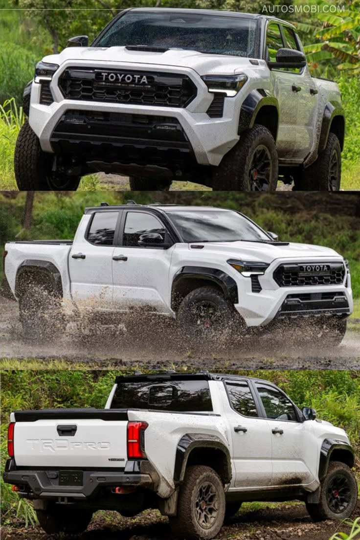 four different views of the front and rear sides of a white pickup truck driving through mud