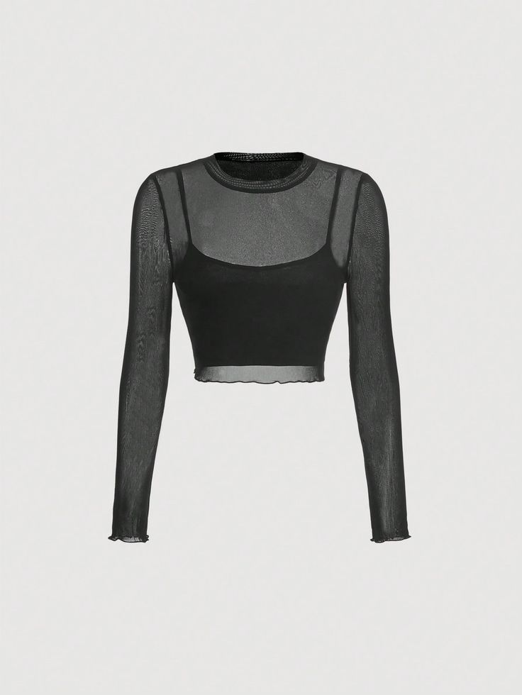 Blusa Cosecha Negra Transparente Con Detalles De Lechuga Negro Casual  manga larga Tela tejida Liso  Elástico Ligero  Women Clothing, size features are:Bust: ,Length: ,Sleeve Length: Goth Mesh Top, Black Long Sleeve Mesh Top, Black Net Top, Black Top Long Sleeve, Top Transparente, Crop Tops Long Sleeve, Chic Black Outfits, Black Mesh Crop Top, Look Grunge