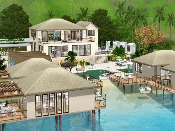 an artist's rendering of a house on stilts next to a pool and beach