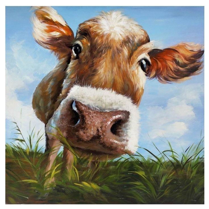 a painting of a cow looking at the camera