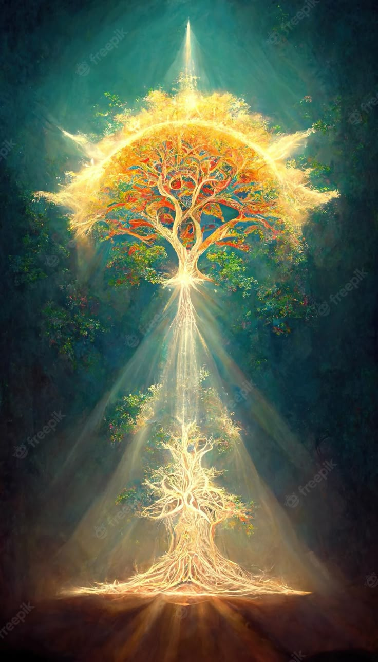 a painting of a tree with bright light coming from it