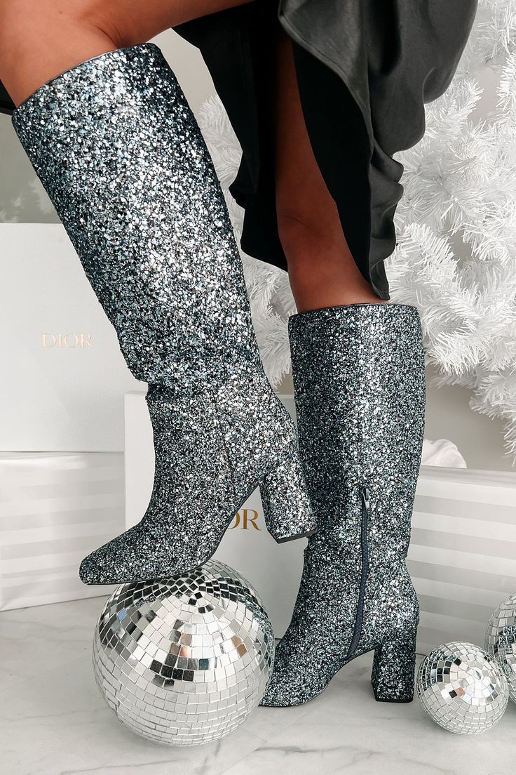 Flashy Finds Glitter Knee High Boots (Sapphire Blue Glitter) - NanaMacs Glitter Knee High Boots, Glitter Boots Outfit, Majin Boo, Christmas Fits, Sequin Boots, Glitter Boots, Chunky Heel Ankle Boots, Blue Boots, Black Knee High Boots